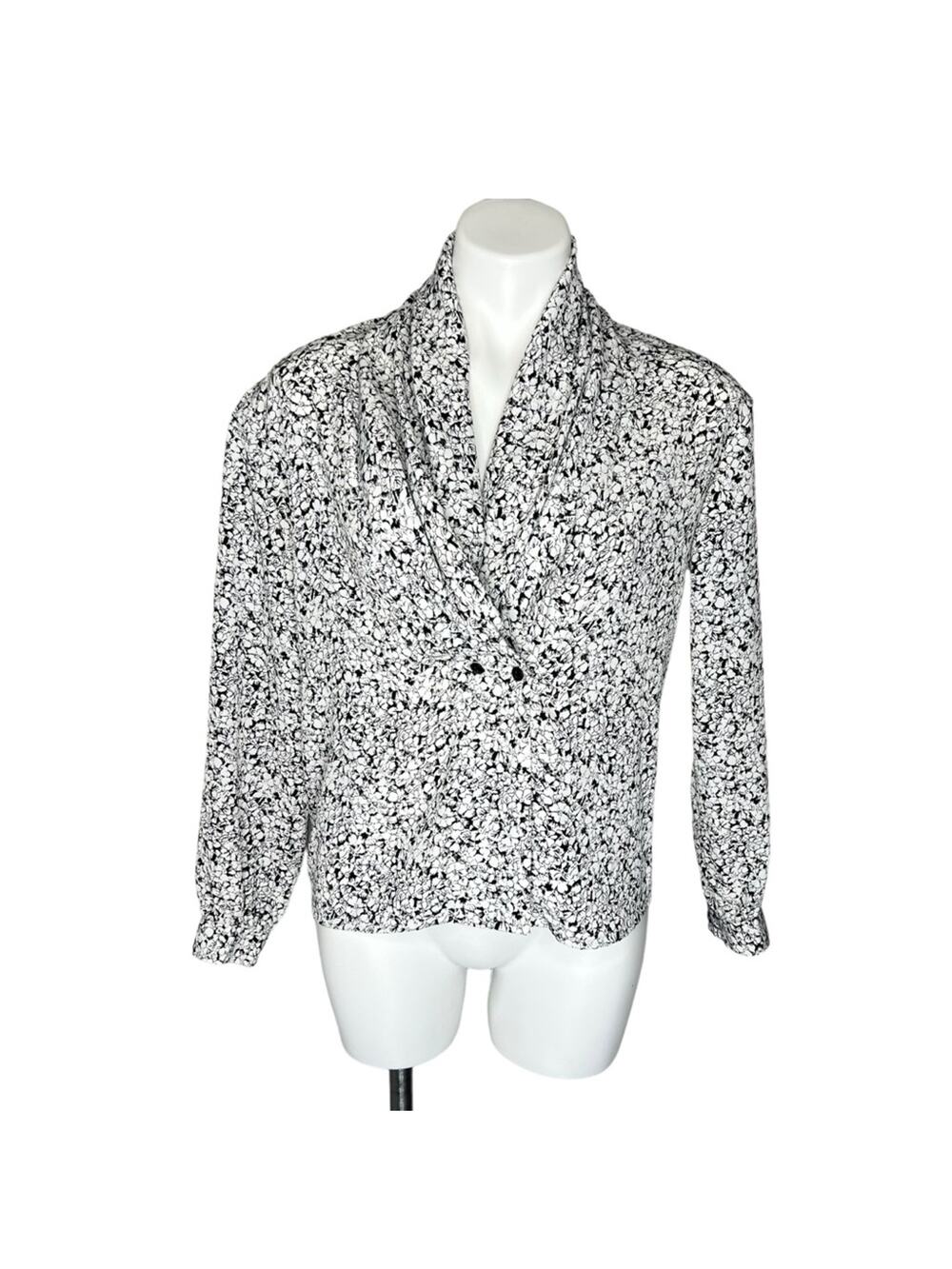 Vintage 80s floral button down blouse black white v-neck size 8